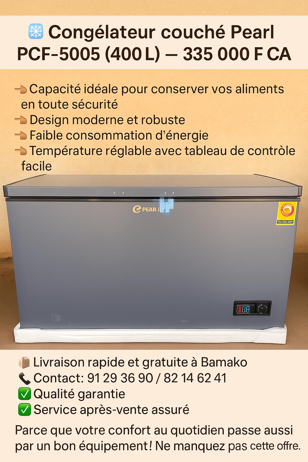 Congélateur couché Pearl PCF-5005 (400L) - Grande capacité - Livraison gratuite à Bamako | Sugufyɛ.com