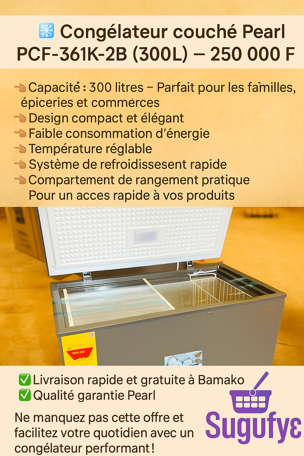 🧊 Congélateur couché Pearl PCF-361K-2B — 300 L