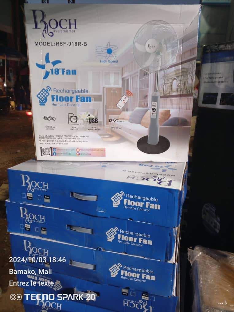 Ventilateur Rechargeable Roch RSF-918R-B – 18 pouces, Télécommande & USB