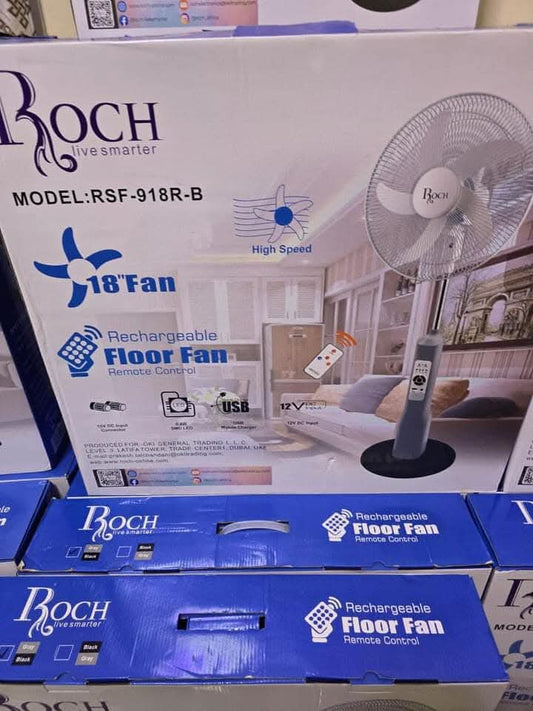 Ventilateur Rechargeable Roch RSF-918R-B – 18 pouces, Télécommande & USB